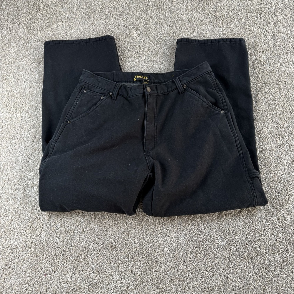 Stanley Carpenter Pants Mens 38x32 Black Canvas Fleece Lined Relaxed Workwear